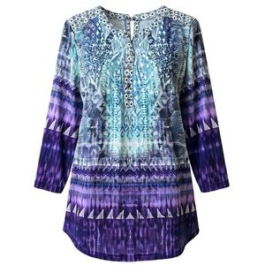 cj banks Women's Blue and Purple Patterned Top YT7